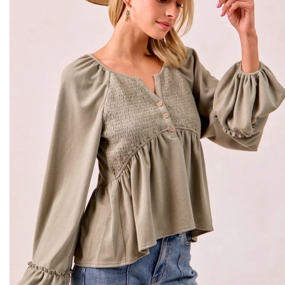 BiBi Tops - BiBi Olive Smocked Peasant Blouse